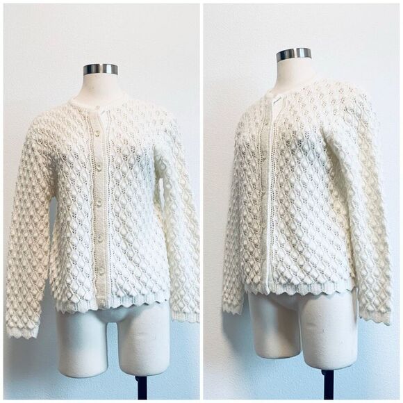 Vintage VTG Cream Cardigan Sweater Small Medium Pearl Swirl Pattern - Picture 1 of 7